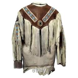 Men Native American Cowboy Fringed & Beaded Western White Leather Suede Jacket