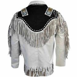 Men Native American Cowboy Fringed & Beaded Western White Leather Suede Jacket