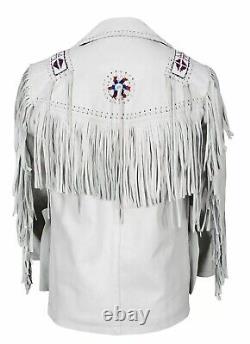 Men Native American Cowboy Fringed & Beaded Western White Leather Suede Jacket