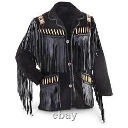 Men Native American Cowboy Leather Black Western Suede Jacket with Fringe & Bead