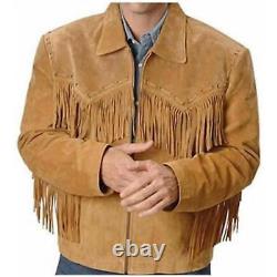 Men Native American Cowboy Leather Fringe Brown Western Suede Jacket with Zipper