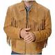 Men Native American Cowboy Leather Fringe Brown Western Suede Jacket With Zipper