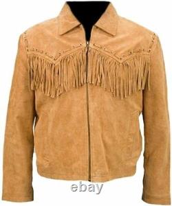 Men Native American Cowboy Leather Fringe Brown Western Suede Jacket with Zipper