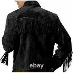 Men Native American Cowboy Leather Fringe Suede Black Western Jacket with Zipper