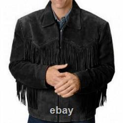 Men Native American Cowboy Leather Jacket Black Fringe Suede Western Jacket
