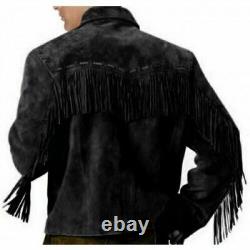 Men Native American Cowboy Leather Jacket Black Fringe Suede Western Jacket