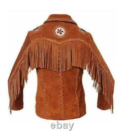 Men Native American Cowboy Leather Jacket Fringe Beaded Western Suede Jacket