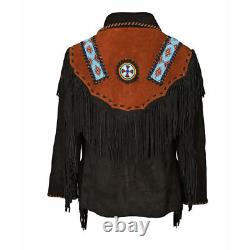 Men Native American Cowboy Leather Jacket Fringe & Beaded Western Suede Jacket