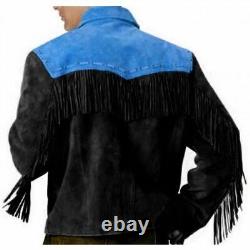 Men Native American Cowboy Leather Jacket Fringe Suede Western Jacket Zipper