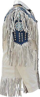 Men Native American Cowboy Leather Jacket Fringed & Beaded Western Suede Jacket