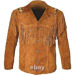 Men Native American Fringe Cowboy Jacket Western Buckskin Leather Suede Jacket