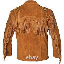 Men Native American Fringe Cowboy Jacket Western Buckskin Leather Suede Jacket