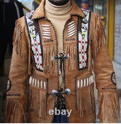 Men Native American Western Cowboy Jacket Leather Suede Coat Fringe Eagle Beads
