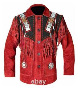 Men Native American Western Cowboy Leather Jacket Fringe & Eagle Bead Work Red