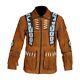 Men Native American Western Cowboy Leather Suede Jacket Eagle Fringes Beads- Zip