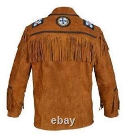 Men Native American Western Cowboy Leather Suede Jacket Eagle Fringes Beads- Zip