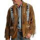 Men Native American Western Cowboy Leather Suede Jacket Zip Eagle Fringe & Beads