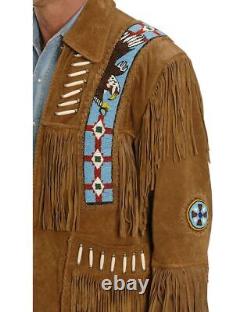 Men Native American Western Cowboy Leather Suede Jacket Zip Eagle Fringe & Beads