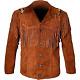 Men Native American Western Cowboy Leather Suede Jacket With Fringe & Strap Art