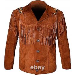 Men Native American Western Cowboy Leather Suede Jacket with Fringe & Strap Art