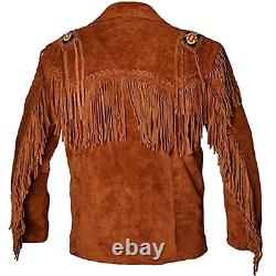 Men Native American Western Cowboy Leather Suede Jacket with Fringe & Strap Art