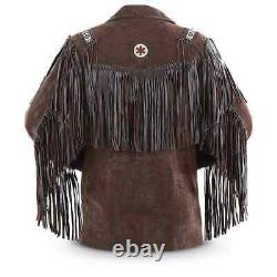 Men Native American Western Suede Cowboy Leather Dark Brown with Beads & Fringe