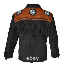 Men Native American Western Suede Cowboy Leather Jacket Fringe & Eagle Bead Work
