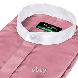 Men Rose Pink Silk Satin Band Collar Shirt Covered Placket Luxury Mandarin Dress