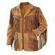Men Tan Brown Suede Western Style Cowboy Leather Jacket With Fringe & Bead Works