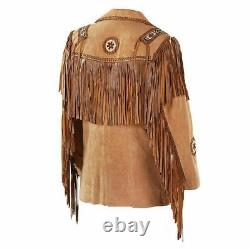 Men Tan Brown Suede Western Style Cowboy Leather Jacket With Fringe & Bead Works