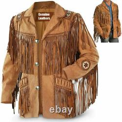 Men Tan Brown Suede Western Style Cowboy Leather Jacket With Fringe & Bead Works