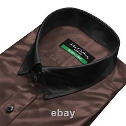 Men Tom Ford Style Tab Collar Shirt Choco Brown Silky Prom Wedding Evening Dress