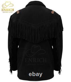 Men Western Cowboy Suede Fringe Jacket with Native American Beadwork