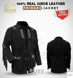 Men Western Cowboy Suede Fringe Jacket with Native American Beadwork