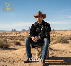 Men Western Cowboy Suede Fringe Jacket with Native American Beadwork