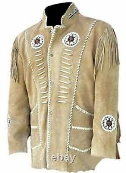 Men Western Suede Leather Jacket Native American Beaded Fringe Cowboy Jacket