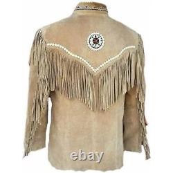 Men Western Suede Leather Jacket Native American Beaded Fringe Cowboy Jacket