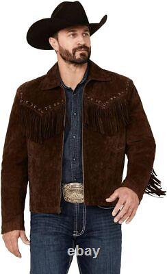 Men Western Suede Leather Jacket Native American Tassels Fringe Cowboy Jacket