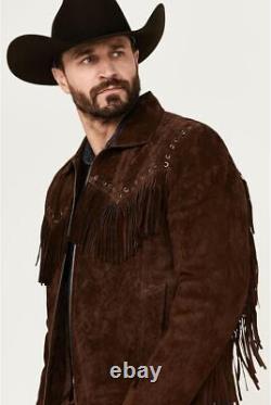 Men Western Suede Leather Jacket Native American Tassels Fringe Cowboy Jacket