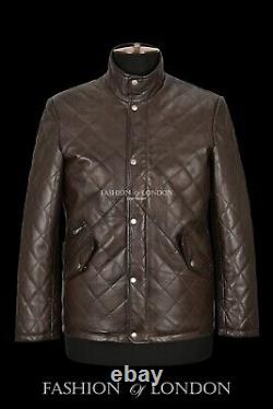 Men's 70's Model Quilted Leather Jacket Brown Classic Fashion Napa Jacket UK