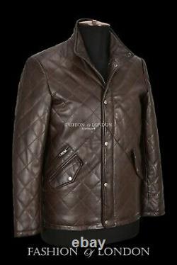 Men's 70's Model Quilted Leather Jacket Brown Classic Fashion Napa Jacket UK