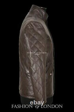 Men's 70's Model Quilted Leather Jacket Brown Classic Fashion Napa Jacket UK