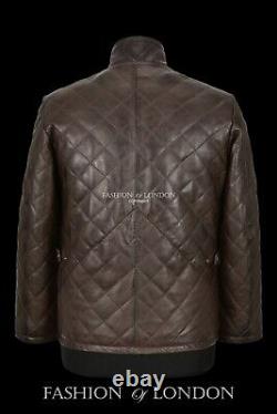 Men's 70's Model Quilted Leather Jacket Brown Classic Fashion Napa Jacket UK