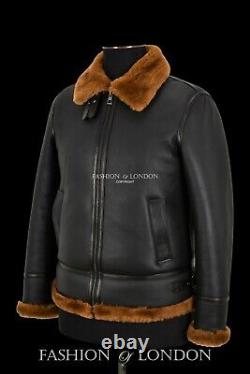 Men's B3 Sheepskin Jacket Black Dark Ginger Fur Aviator Military Bomber Style