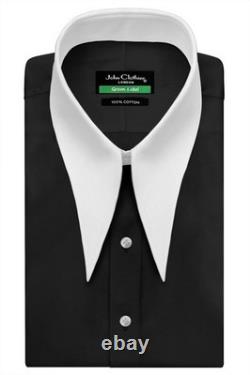 Men's Black Cotton Shirt Extra Long Point Spear Collar 70s Dagger Gangster Style