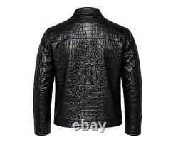 Men's Black Genuine Cowhide Leather Crocodile Embossed Leather Jacket Coat