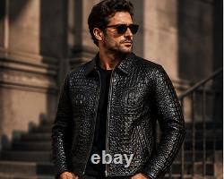 Men's Black Genuine Cowhide Leather Crocodile Embossed Leather Jacket Coat
