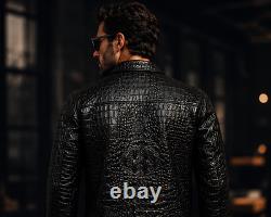 Men's Black Genuine Cowhide Leather Crocodile Embossed Leather Jacket Coat