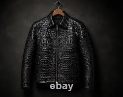 Men's Black Genuine Cowhide Leather Crocodile Embossed Leather Jacket Coat