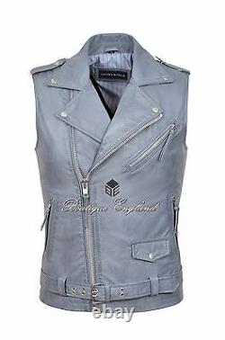 Men's Brando Grey Motorcycle Biker Steam Punk Real Cow Leather Waistcoat 1025